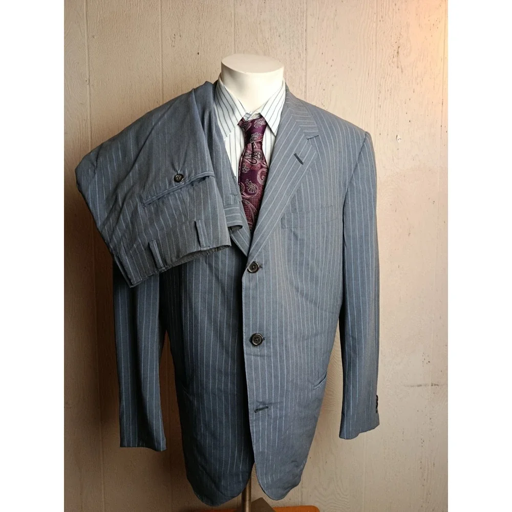 Oxxford Cloth Suit Mens 44 Gray Striped Wool Half Lined Lightweight Pants 36X29